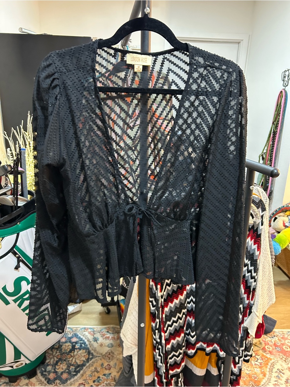 BCBG Black Sheer Tie-Front Swim Coverup Blouse